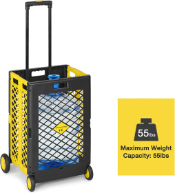 Foldable Rolling Cart with Wheels, Portable Updated Utility Tools Rolling Crate w/ Telescopic Handle, Yellow