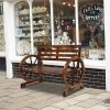 Rustic 2-Person Wooden Wagon Wheel Bench with Slatted Seat and Backrest, Brown