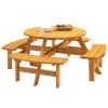 8-Person Outdoor Circular Wooden Picnic Table with 3 Built-in Benches for Patio Backyard Garden, Natural