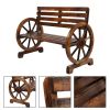 Rustic 2-Person Wooden Wagon Wheel Bench with Slatted Seat and Backrest, Brown