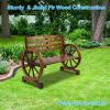 Rustic 2-Person Wooden Wagon Wheel Bench with Slatted Seat and Backrest, Brown