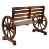 Rustic 2-Person Wooden Wagon Wheel Bench with Slatted Seat and Backrest, Brown